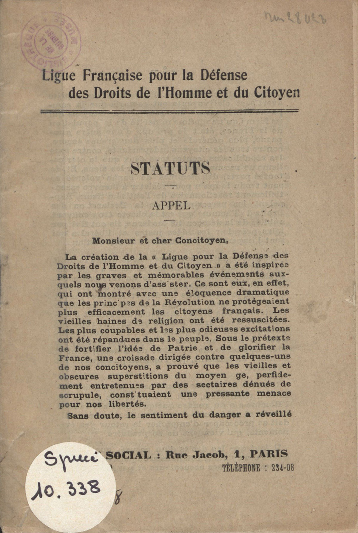 Ligue Française pour la Défense des Droits de l'Homme et du Citoyen : Statuts