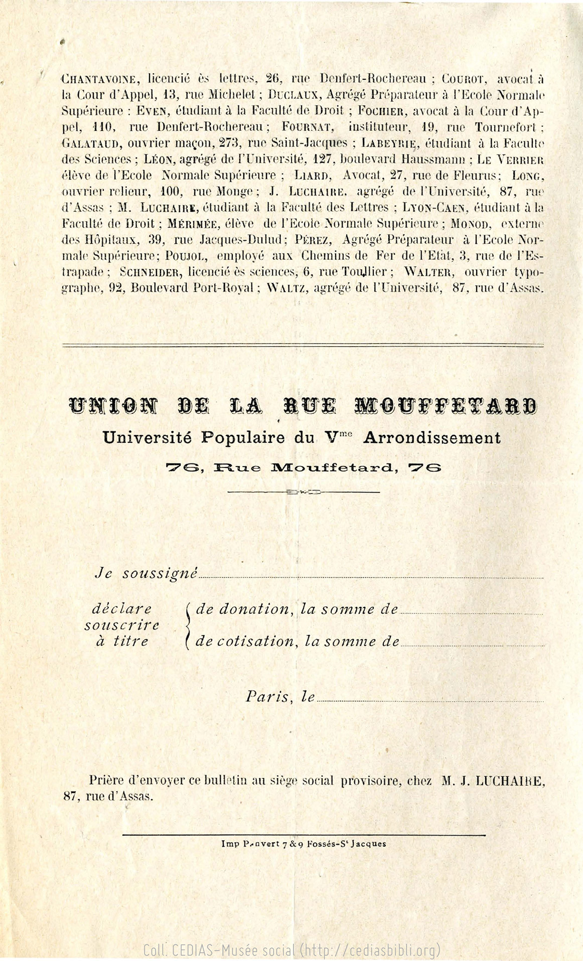 Union de la rue Mouffetard : Université Populaire du Ve arrondissement, 76 rue Mouffetard, tract, 1902