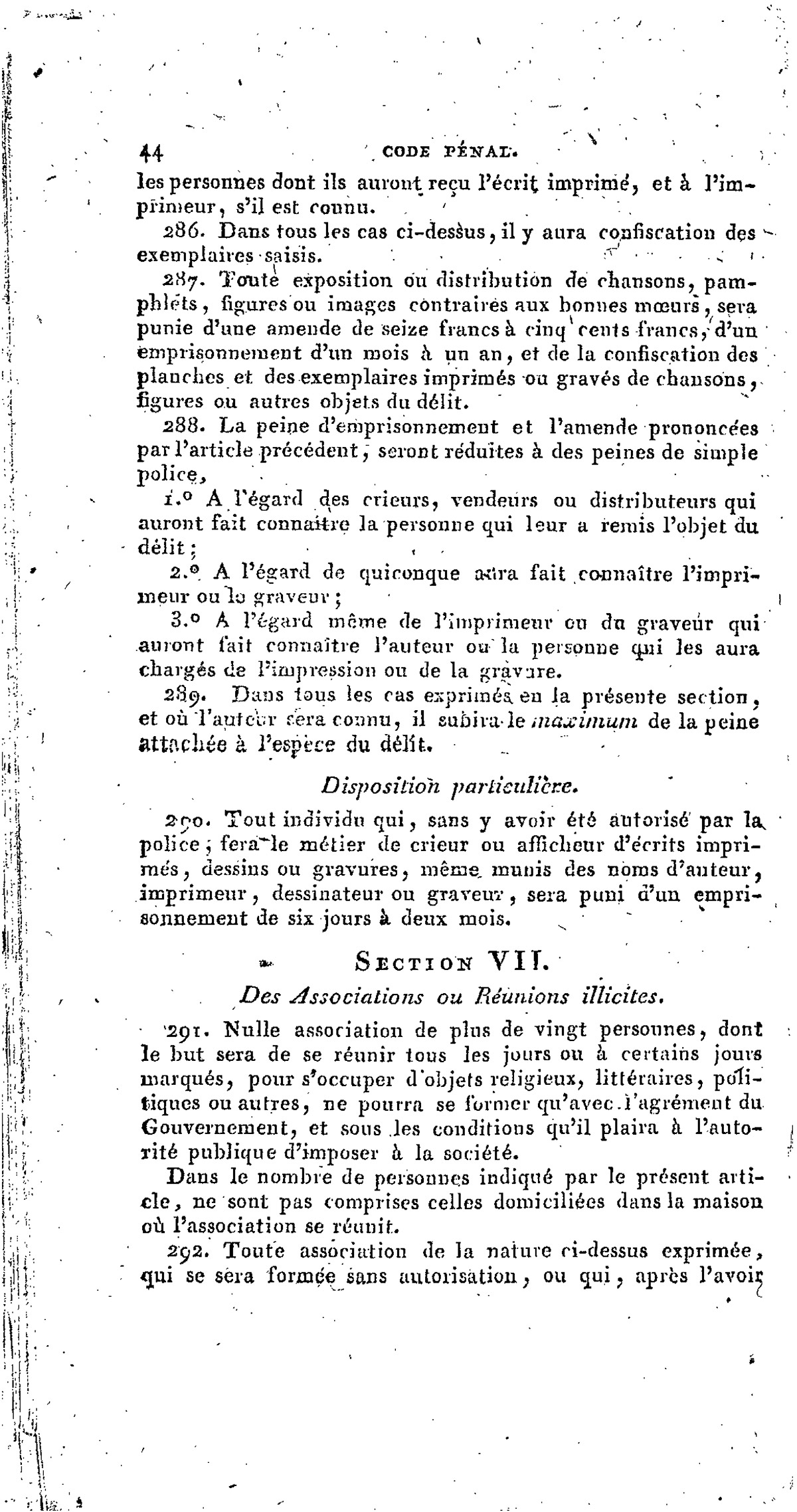 Extrait du Code pénal de l'empire français : article 291, 1810