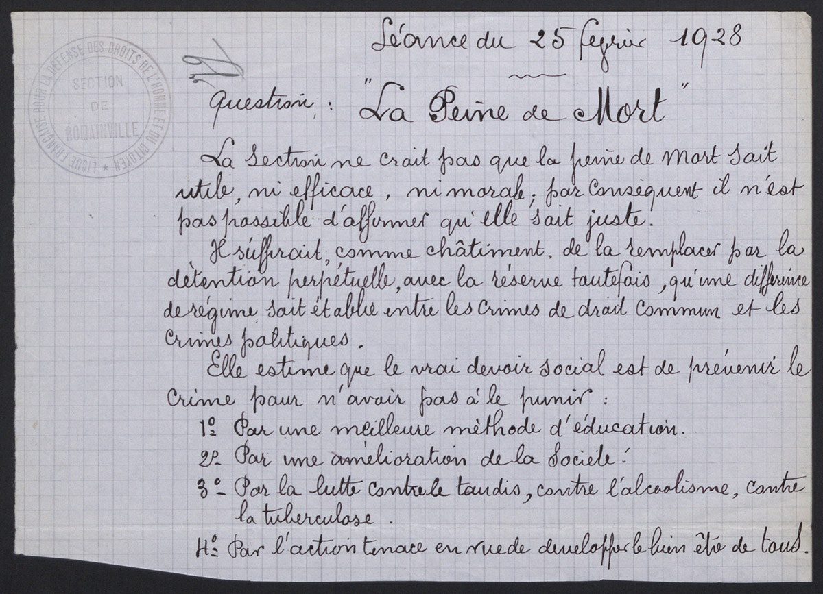 Ligue française pour la Défense des Droits de l'Homme et du Citoyen, section de Romainville, séance du 27 février 1928, Question : 
