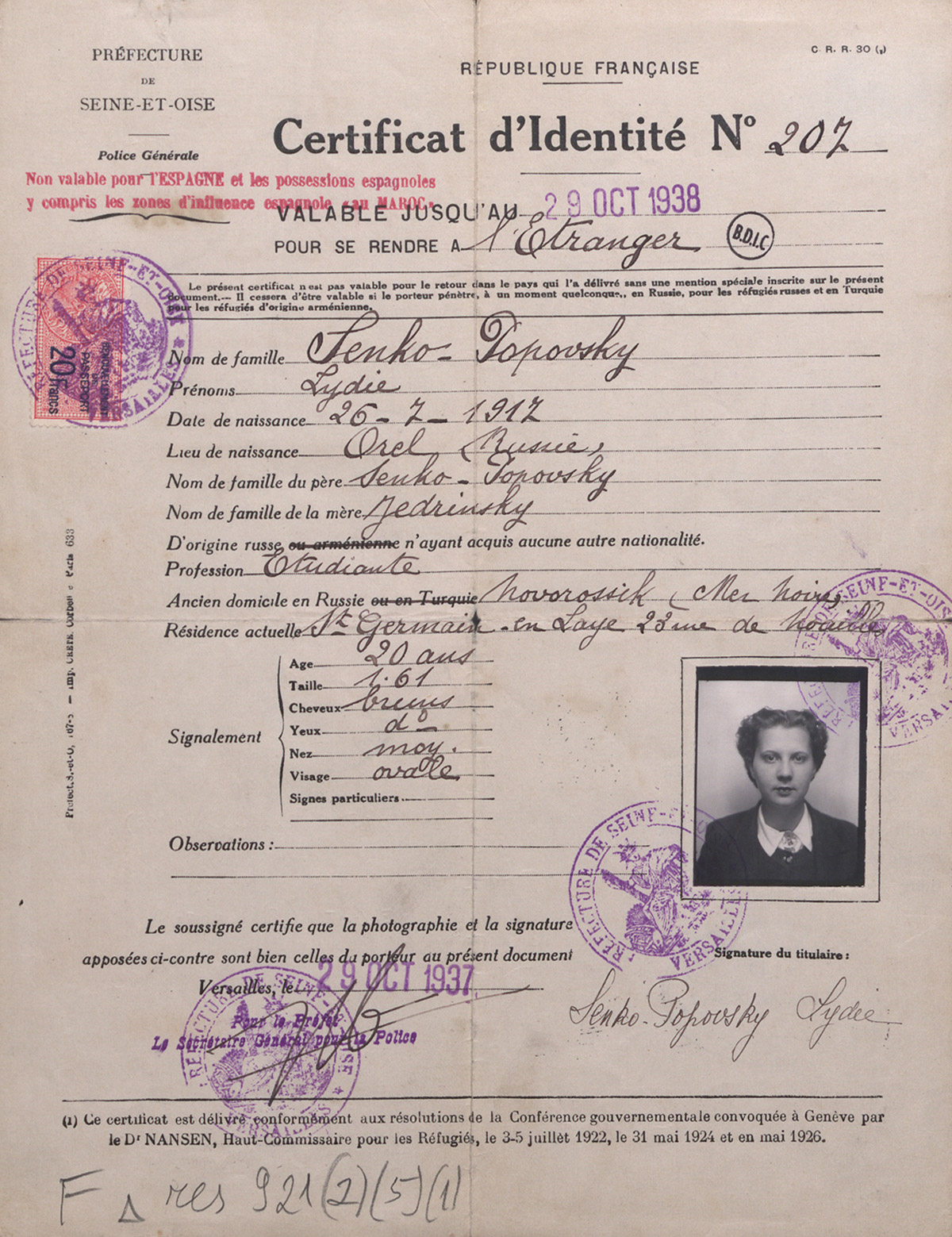 Document d'identité dit Passeport Nansen, 1937