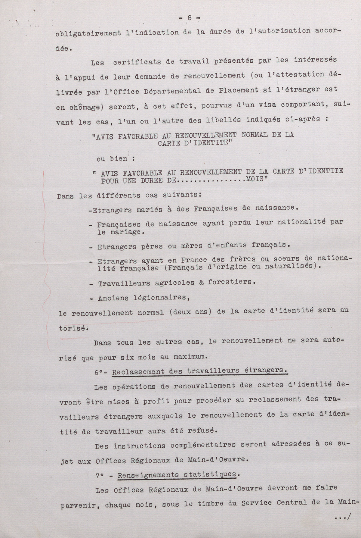Fiche de renseignements émanant du Ministère du travail accompagnée d'une lettre confidentielle du Ministre du travail sur le renouvellement des cartes d'identité des travailleurs étrangers, 12 février 1935