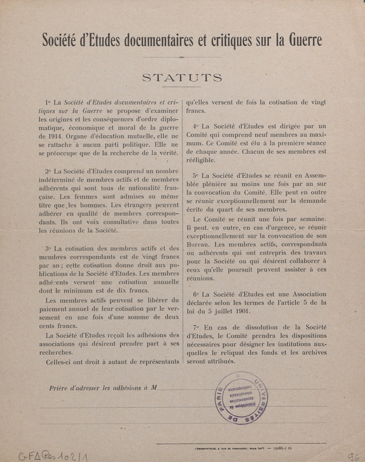 Statuts de la Société d'Études documentaires et critiques sur la Guerre, 1916