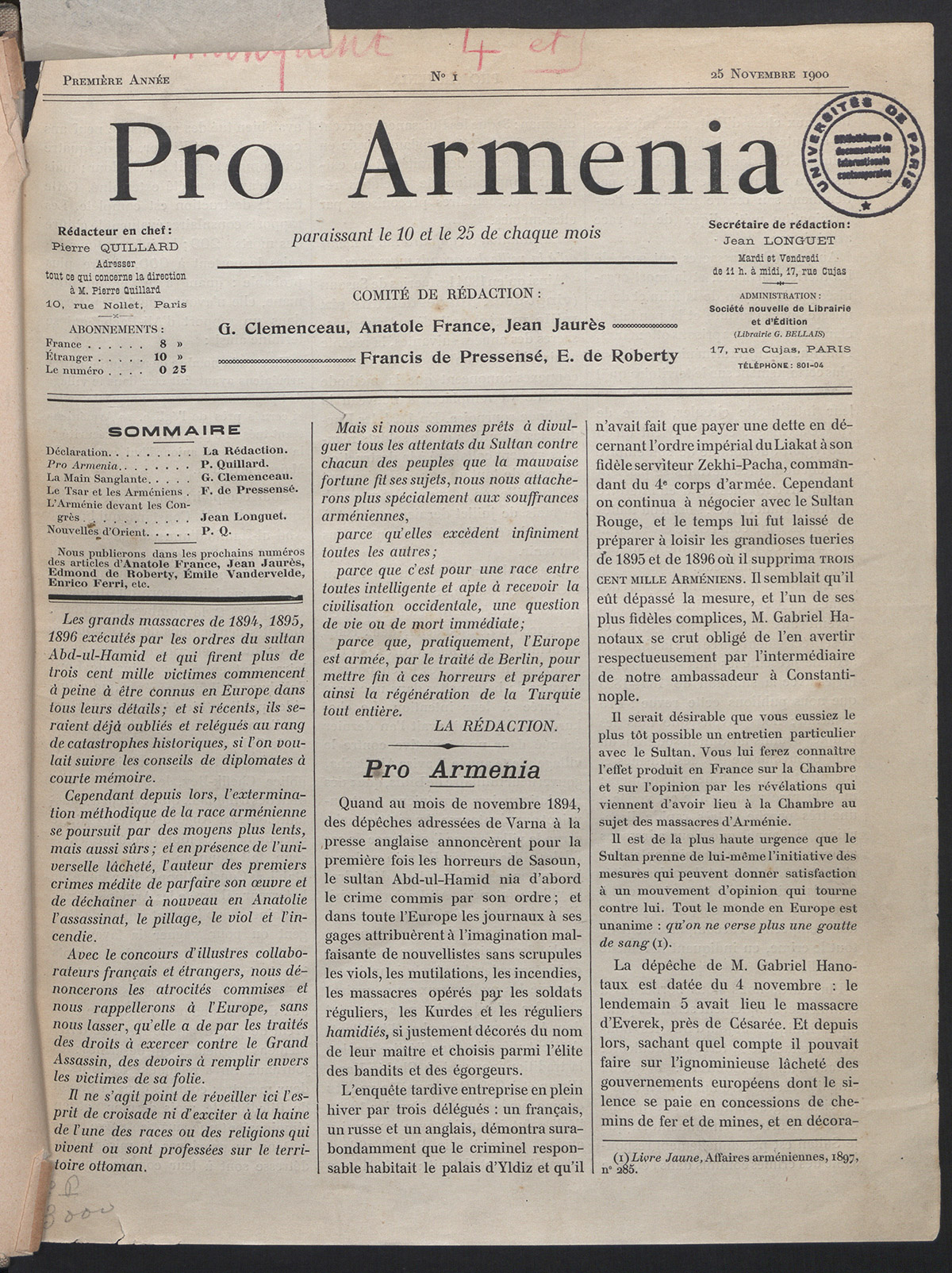 Pro Armenia, n°1, 25 novembre 1900