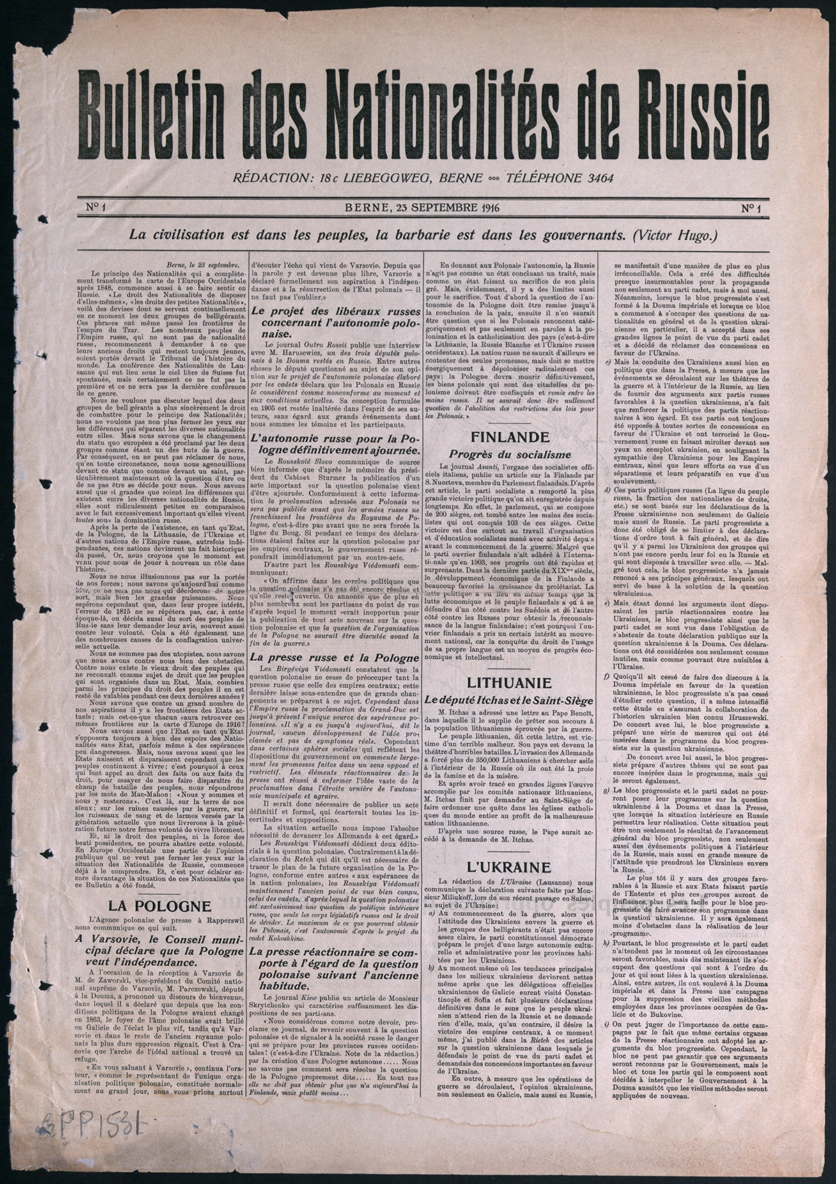 Bulletin des Nationalités de Russie, n°1, 25 septembre 1916