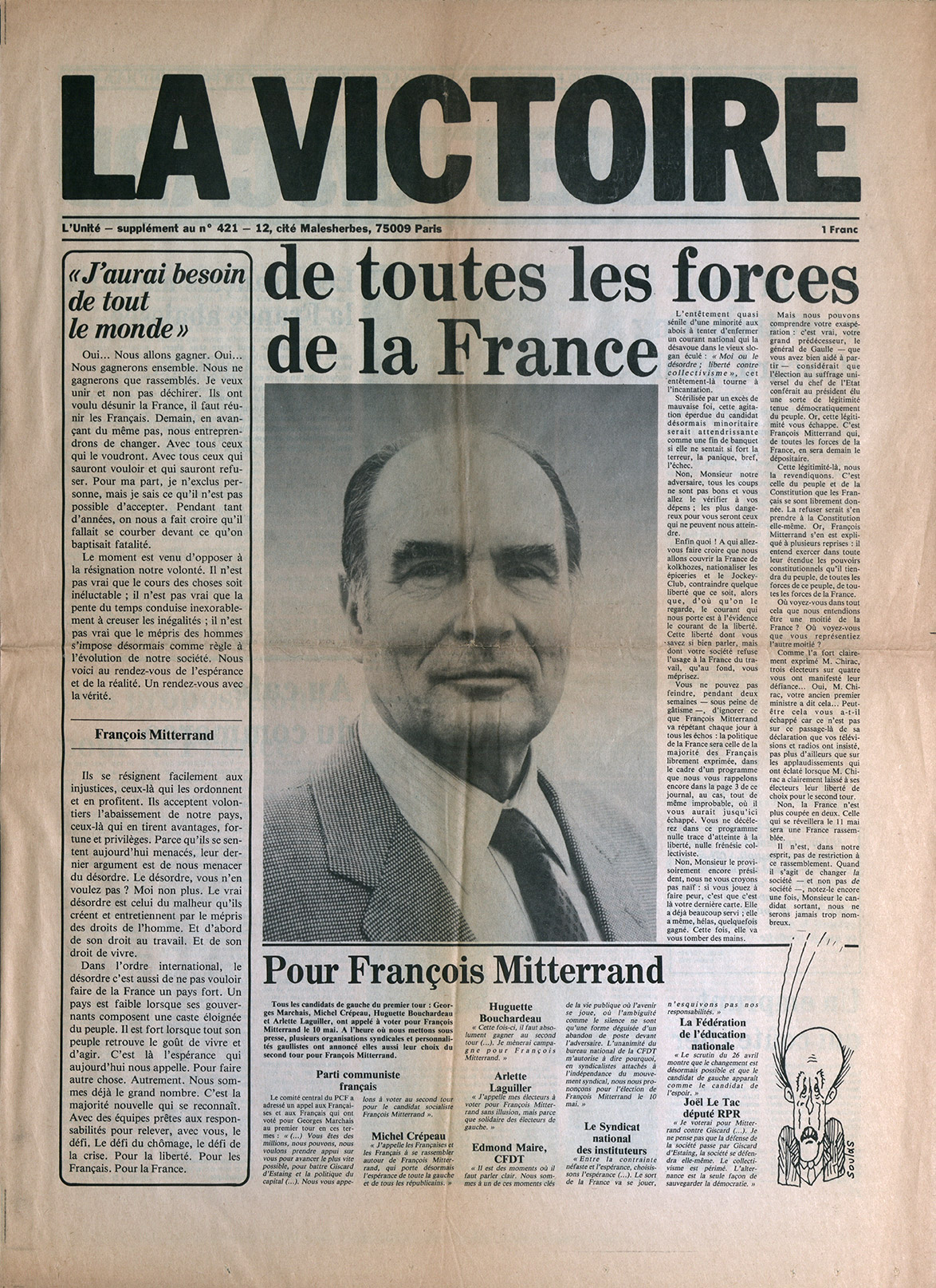 Une de La Victoire : J'aurai besoin de tout le monde, de toutes les forces de la France, 1981