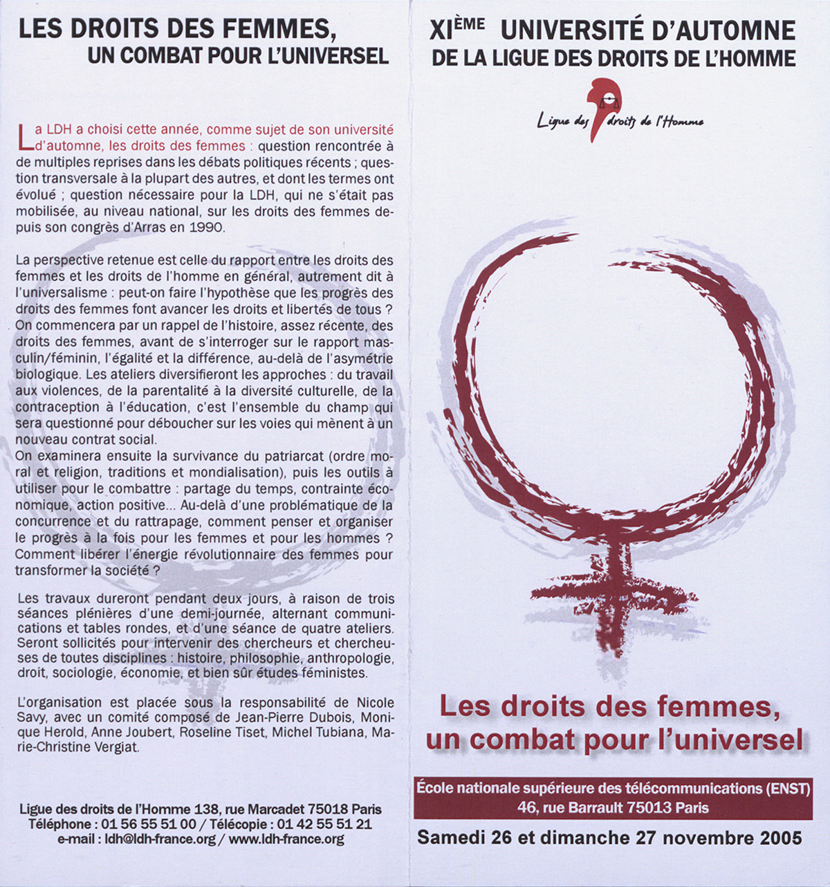 XIème Université d'automne de la Ligue des droits de l'Homme : Les droits des femmes un combat pour l'universel, dépliant, 26 et 27 novembre 2007