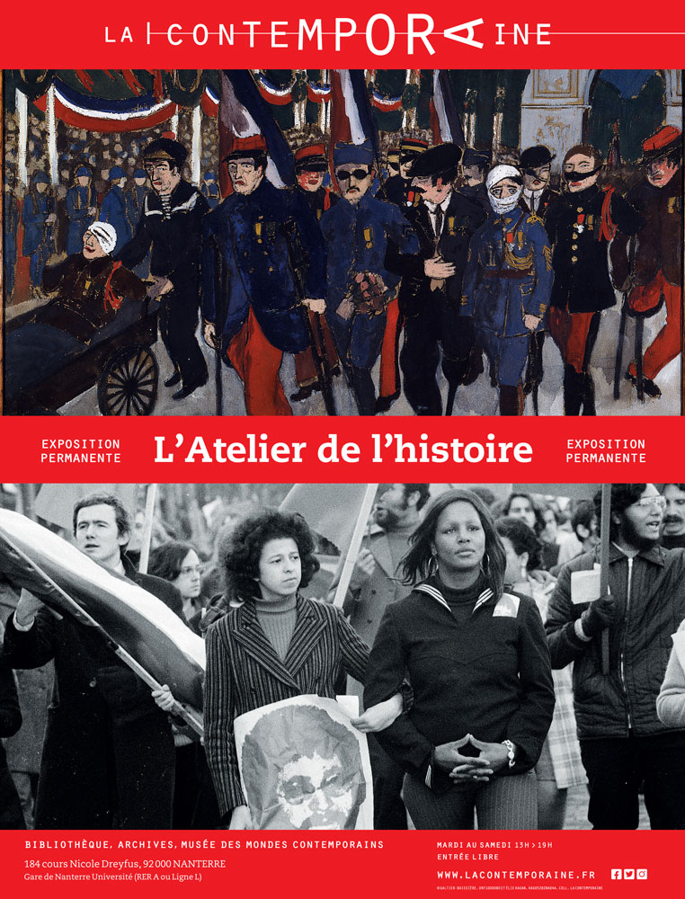 Affiche de l'atelier de l'histoire montrant un tableau avec une foule d'anciens soldats et une photo d'une manifestation des années 1970