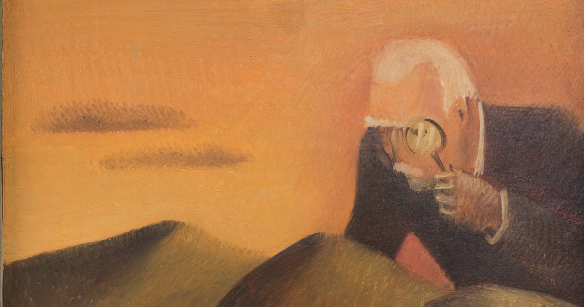 Peinture représentant un homme cherchant dans des dunes avec une loupe