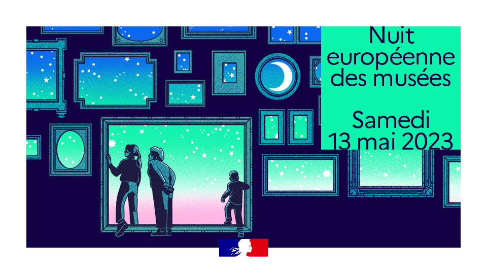 Affiche de la Nuit des musées représentant des personnes devant un mur de fenêtres, de nuit
