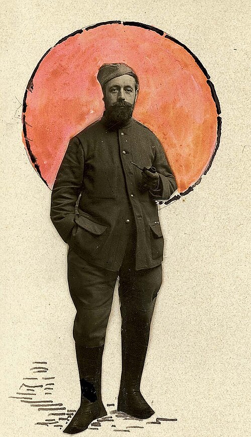 Peinture d'un soldat devant un cercle orangé
