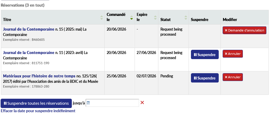 Tableau montrant les réservations